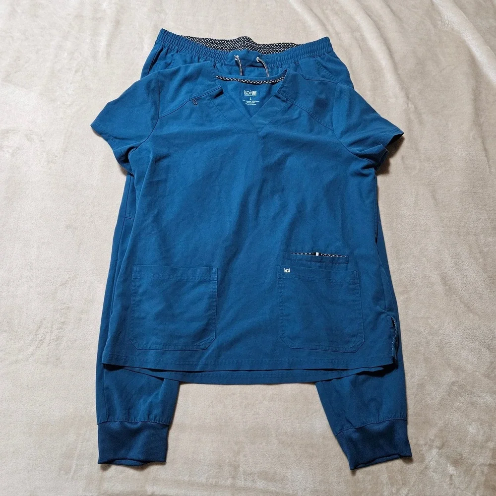 Koi Next Gen Womens Scrub Set Large Teal Blue V-Neck Top Jogger Pants Regular